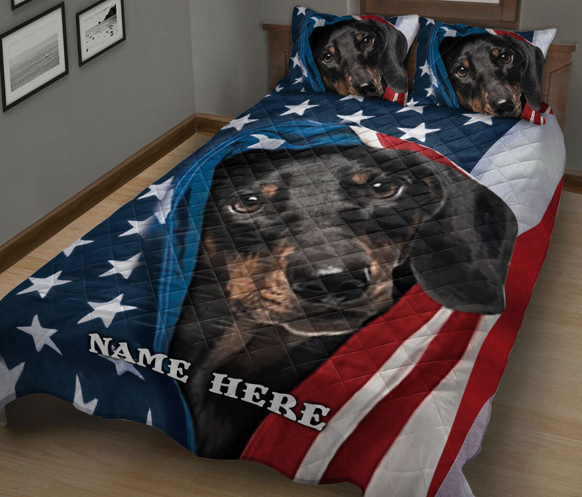 Ohaprints-Quilt-Bed-Set-Pillowcase-Dachshund-Wiener-Patriot-July-4Th-American-Us-Flag-Custom-Personalized-Name-Blanket-Bedspread-Bedding-2700-King (90'' x 100'')