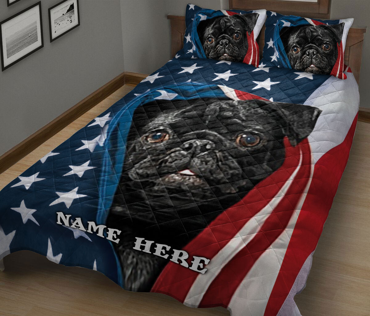 Ohaprints-Quilt-Bed-Set-Pillowcase-Black-Pug-Patriot-July-4Th-American-Us-Flag-Usa-Custom-Personalized-Name-Blanket-Bedspread-Bedding-349-King (90'' x 100'')