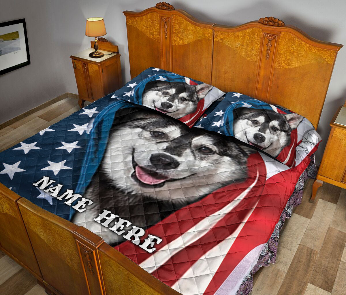 Ohaprints-Quilt-Bed-Set-Pillowcase-Siberian-Husky-Patriot-July-4Th-American-Us-Flag-Usa-Custom-Personalized-Name-Blanket-Bedspread-Bedding-940-Queen (80'' x 90'')