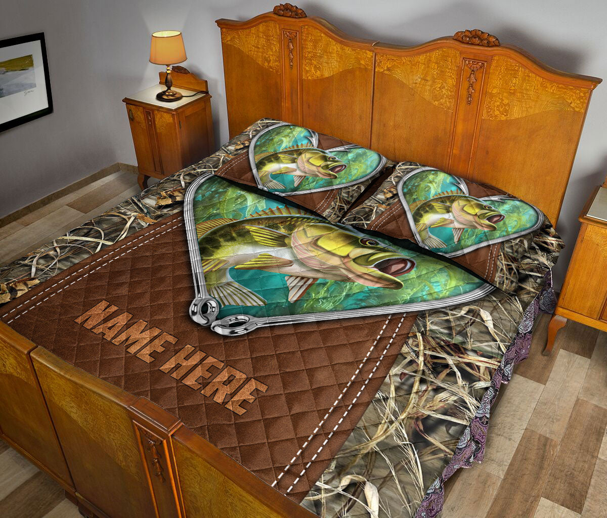 Ohaprints-Quilt-Bed-Set-Pillowcase-Fishing-Hook-Big-Bass-Fish-Camouflage-Brown-Pattern-Custom-Personalized-Name-Blanket-Bedspread-Bedding-2106-Queen (80'' x 90'')