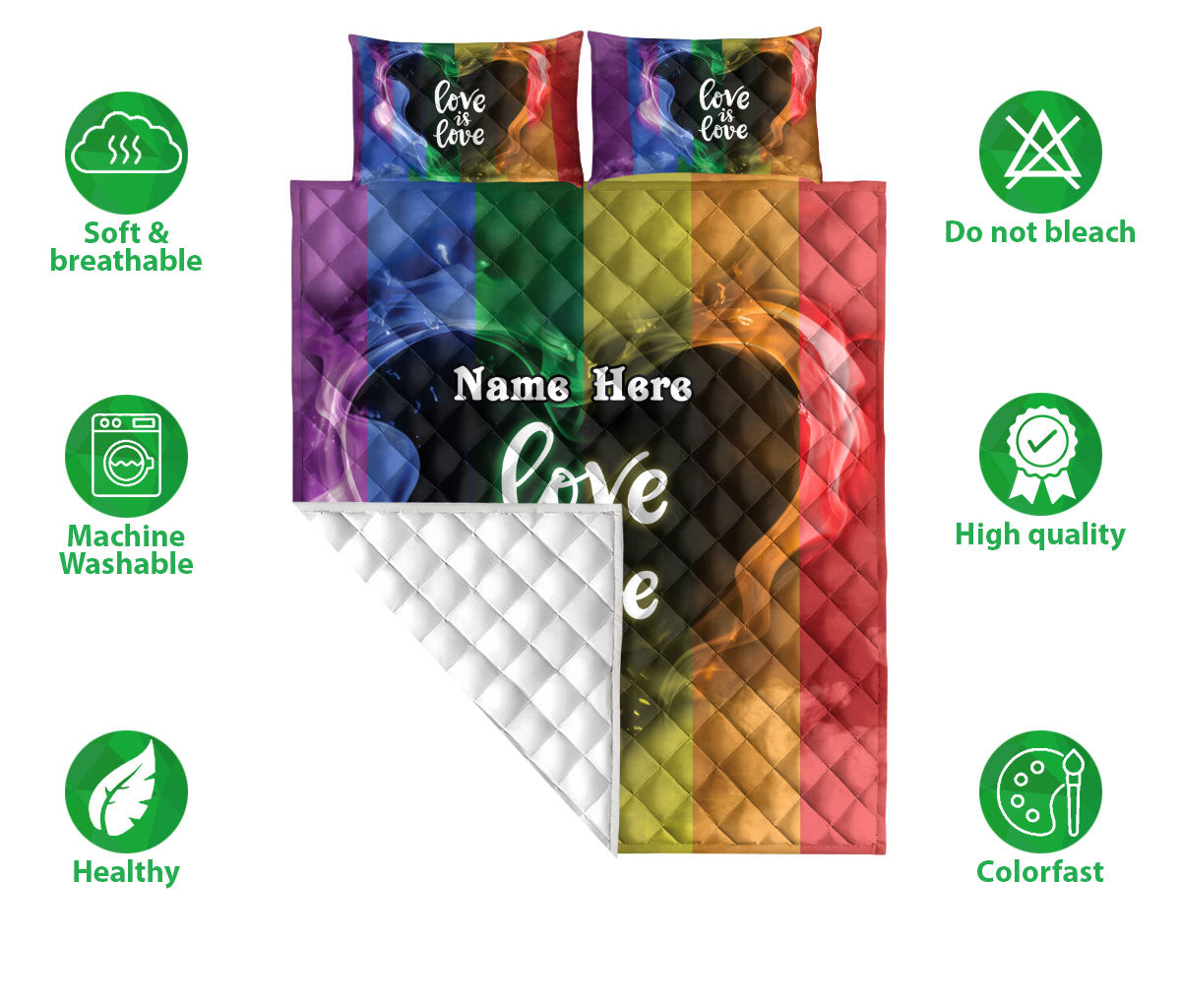 Ohaprints-Quilt-Bed-Set-Pillowcase-Lgbt-Heart-Love-Is-Love-Love-Wins-Pride-Gift-Custom-Personalized-Name-Blanket-Bedspread-Bedding-123-Double (70'' x 80'')