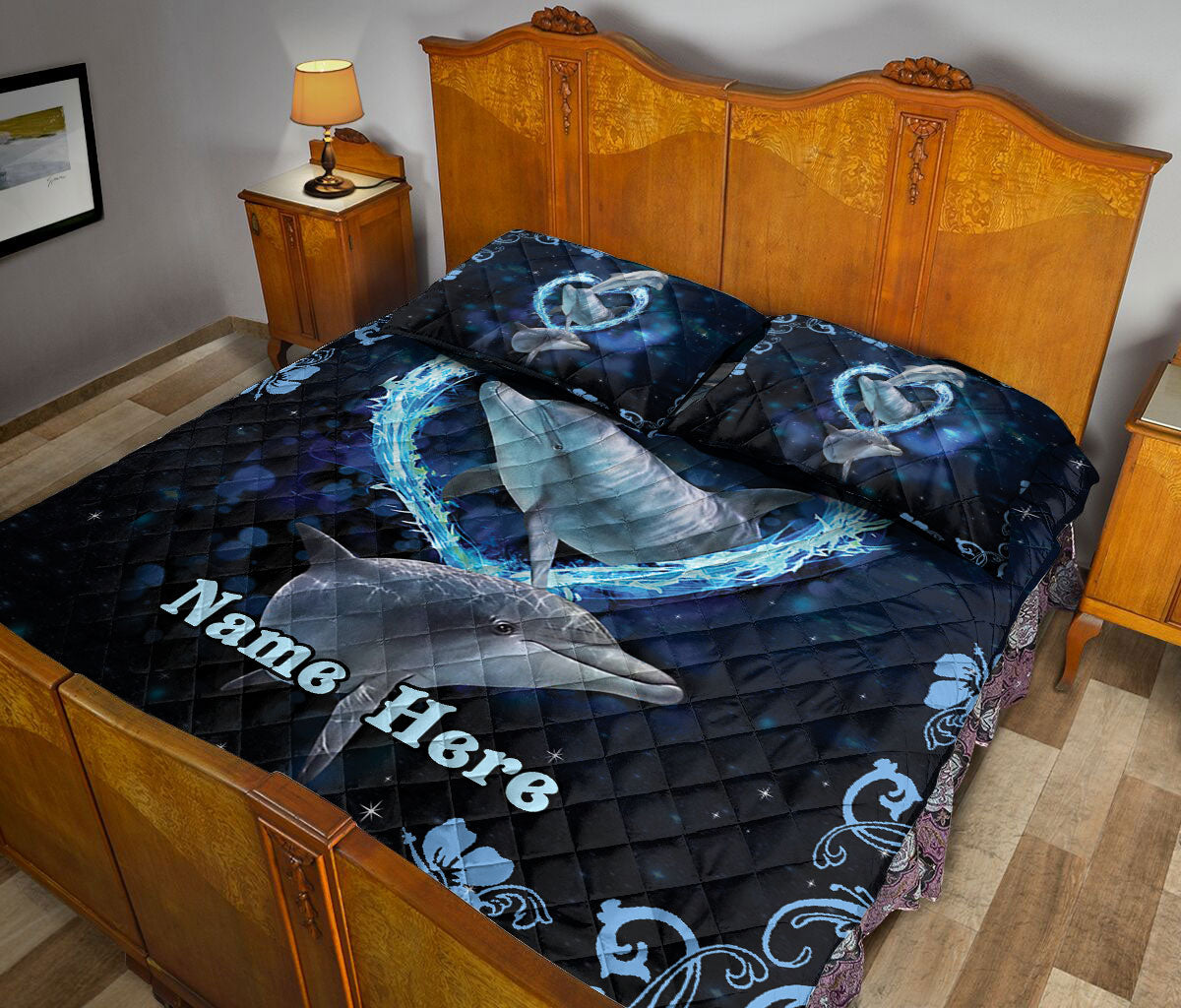 Ohaprints-Quilt-Bed-Set-Pillowcase-Dolphin-Heart-Floral-Pattern-Ocean-Animal-Lover-Gift-Custom-Personalized-Name-Blanket-Bedspread-Bedding-2251-Queen (80'' x 90'')