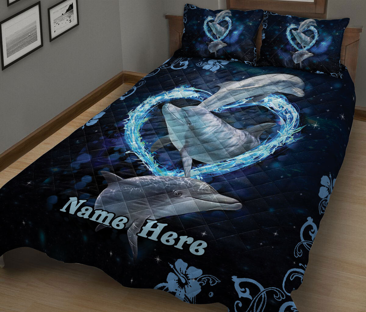 Ohaprints-Quilt-Bed-Set-Pillowcase-Dolphin-Heart-Floral-Pattern-Ocean-Animal-Lover-Gift-Custom-Personalized-Name-Blanket-Bedspread-Bedding-2251-King (90'' x 100'')