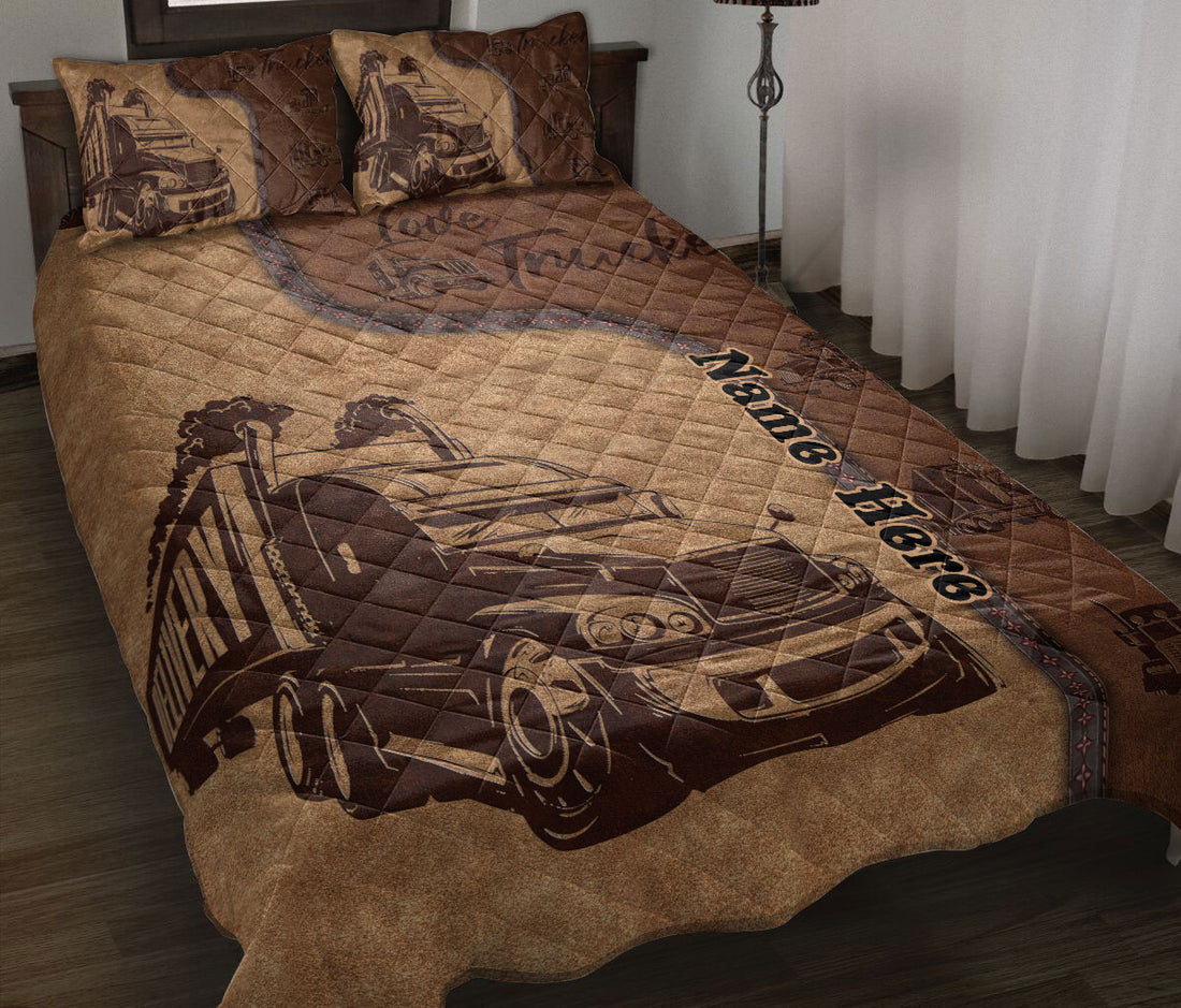 Ohaprints-Quilt-Bed-Set-Pillowcase-Love-Trucker-Truck-Driver-Brown-Pattern-Unique-Gift-Custom-Personalized-Name-Blanket-Bedspread-Bedding-1225-Throw (55'' x 60'')