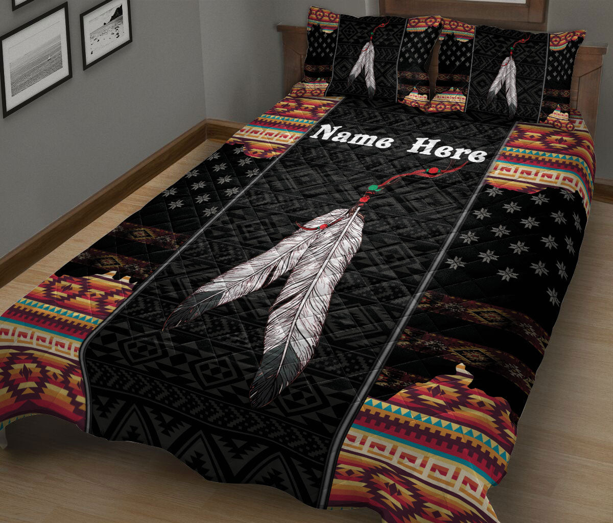Ohaprints-Quilt-Bed-Set-Pillowcase-Native-American-Feather-Indigenous-Boho-Pattern-Custom-Personalized-Name-Blanket-Bedspread-Bedding-39-King (90'' x 100'')