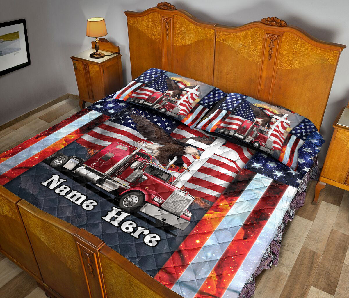 Ohaprints-Quilt-Bed-Set-Pillowcase-Proud-American-Trucker-Truck-Driver-Gift-Eagle-Truck-Custom-Personalized-Name-Blanket-Bedspread-Bedding-627-Queen (80'' x 90'')