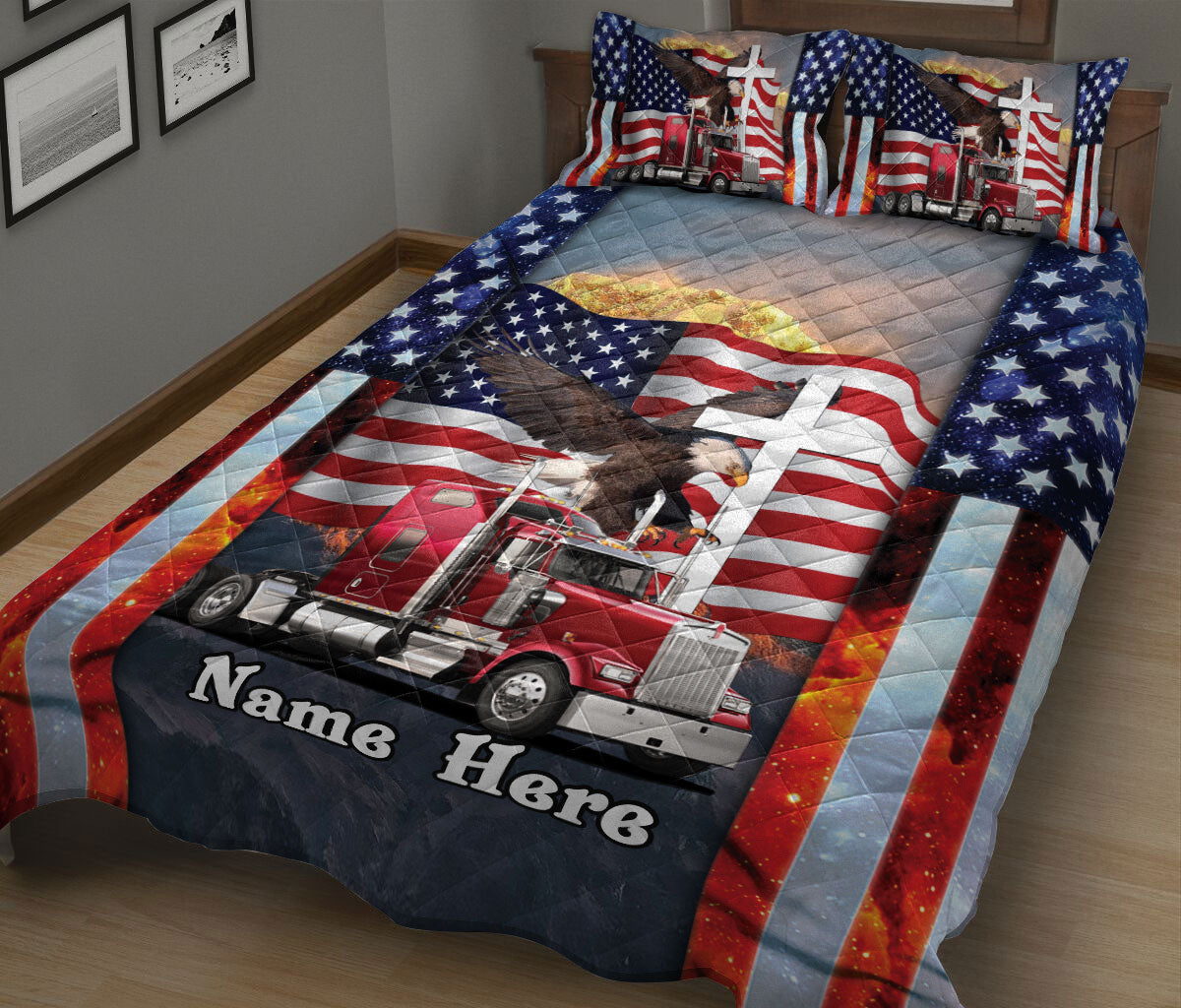 Ohaprints-Quilt-Bed-Set-Pillowcase-Proud-American-Trucker-Truck-Driver-Gift-Eagle-Truck-Custom-Personalized-Name-Blanket-Bedspread-Bedding-627-King (90'' x 100'')