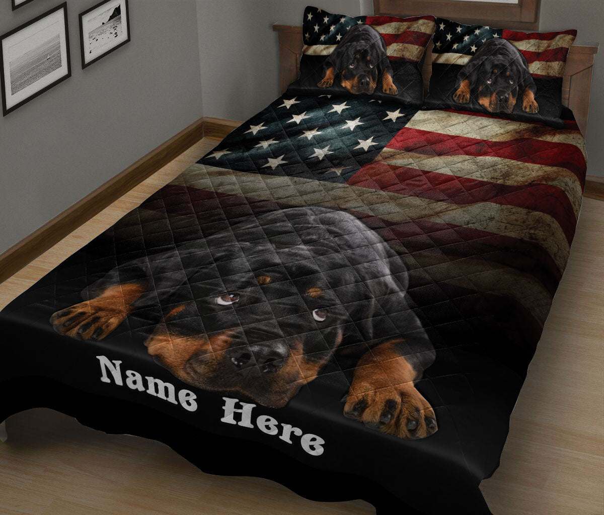 Ohaprints-Quilt-Bed-Set-Pillowcase-Rottweiler-Love-America-American-Flag-Dog-Lover-Gift-Custom-Personalized-Name-Blanket-Bedspread-Bedding-2416-King (90'' x 100'')