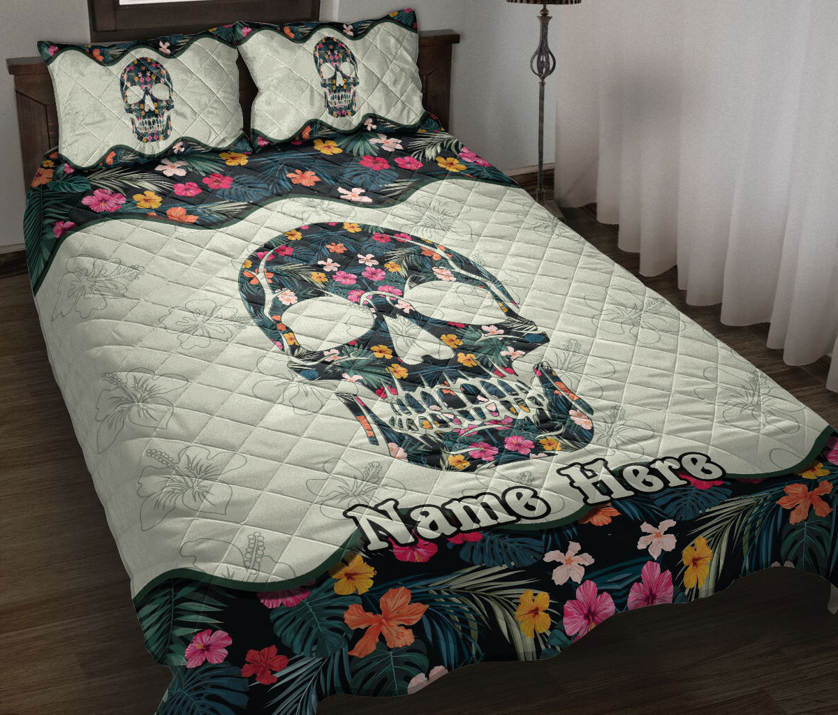 Ohaprints-Quilt-Bed-Set-Pillowcase-Skull-Floral-Pattern-Skull-Lover-Unique-Gift-Custom-Personalized-Name-Blanket-Bedspread-Bedding-1796-Throw (55'' x 60'')