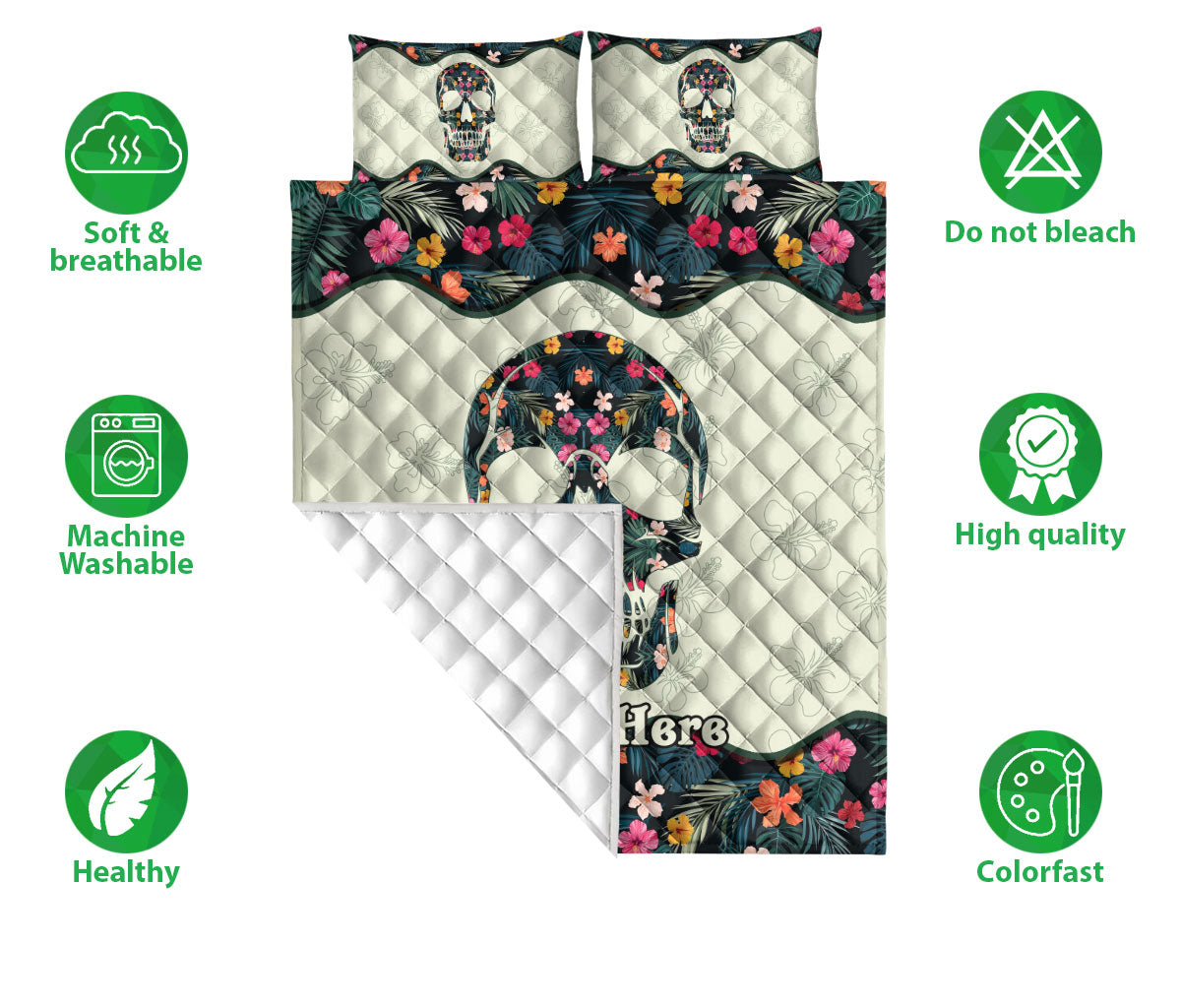 Ohaprints-Quilt-Bed-Set-Pillowcase-Skull-Floral-Pattern-Skull-Lover-Unique-Gift-Custom-Personalized-Name-Blanket-Bedspread-Bedding-1796-Double (70'' x 80'')