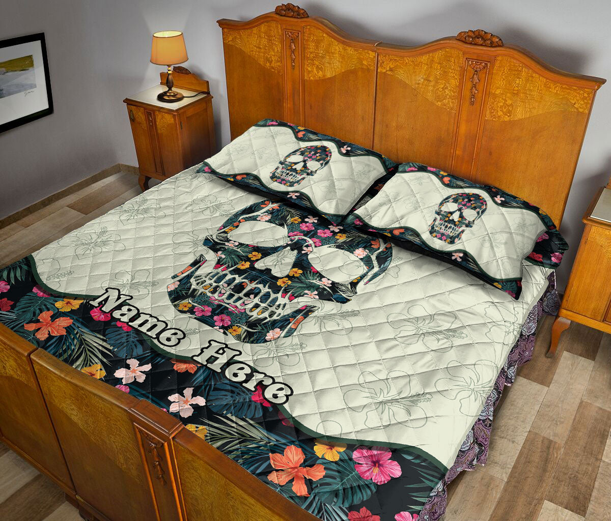 Ohaprints-Quilt-Bed-Set-Pillowcase-Skull-Floral-Pattern-Skull-Lover-Unique-Gift-Custom-Personalized-Name-Blanket-Bedspread-Bedding-1796-Queen (80'' x 90'')