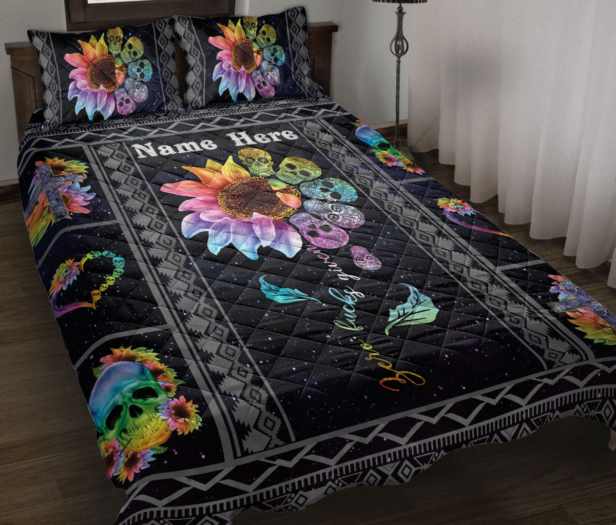 Ohaprints-Quilt-Bed-Set-Pillowcase-Skull-Zero-Given-Rainbow-Sunflower-Boho-Pattern-Gift-Custom-Personalized-Name-Blanket-Bedspread-Bedding-1663-Throw (55'' x 60'')