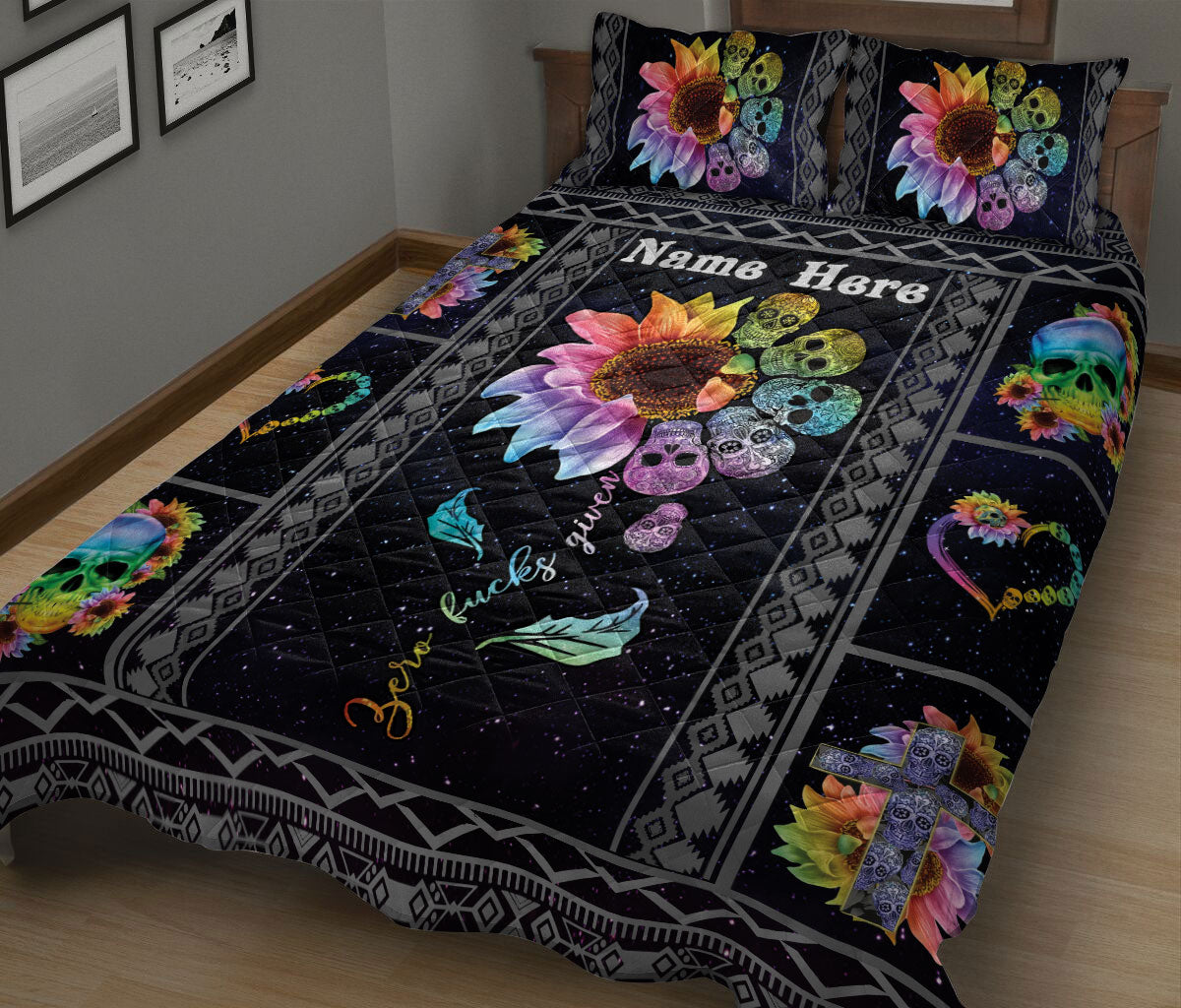 Ohaprints-Quilt-Bed-Set-Pillowcase-Skull-Zero-Given-Rainbow-Sunflower-Boho-Pattern-Gift-Custom-Personalized-Name-Blanket-Bedspread-Bedding-1663-King (90'' x 100'')