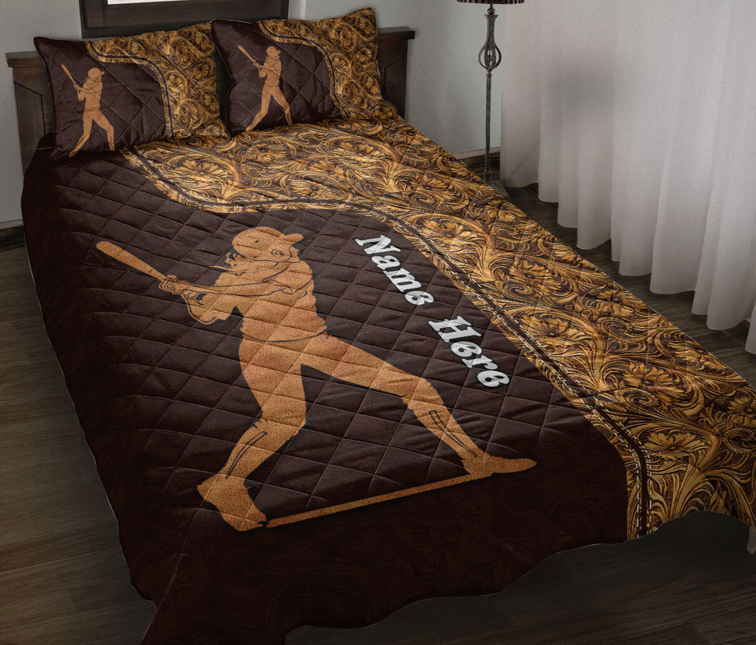 Ohaprints-Quilt-Bed-Set-Pillowcase-Softball-Brown-Floral-Pattern-Sport-Unique-Gift-Custom-Personalized-Name-Blanket-Bedspread-Bedding-1369-Throw (55'' x 60'')