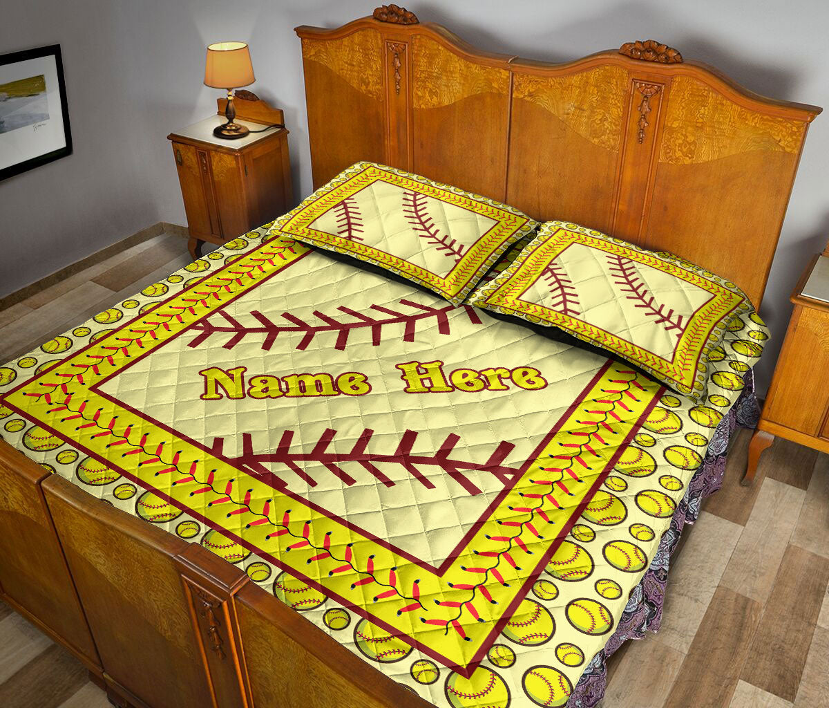 Ohaprints-Quilt-Bed-Set-Pillowcase-Softball-Yellow-Ball-Pattern-Sport-Unique-Gift-Custom-Personalized-Name-Blanket-Bedspread-Bedding-1804-Queen (80'' x 90'')