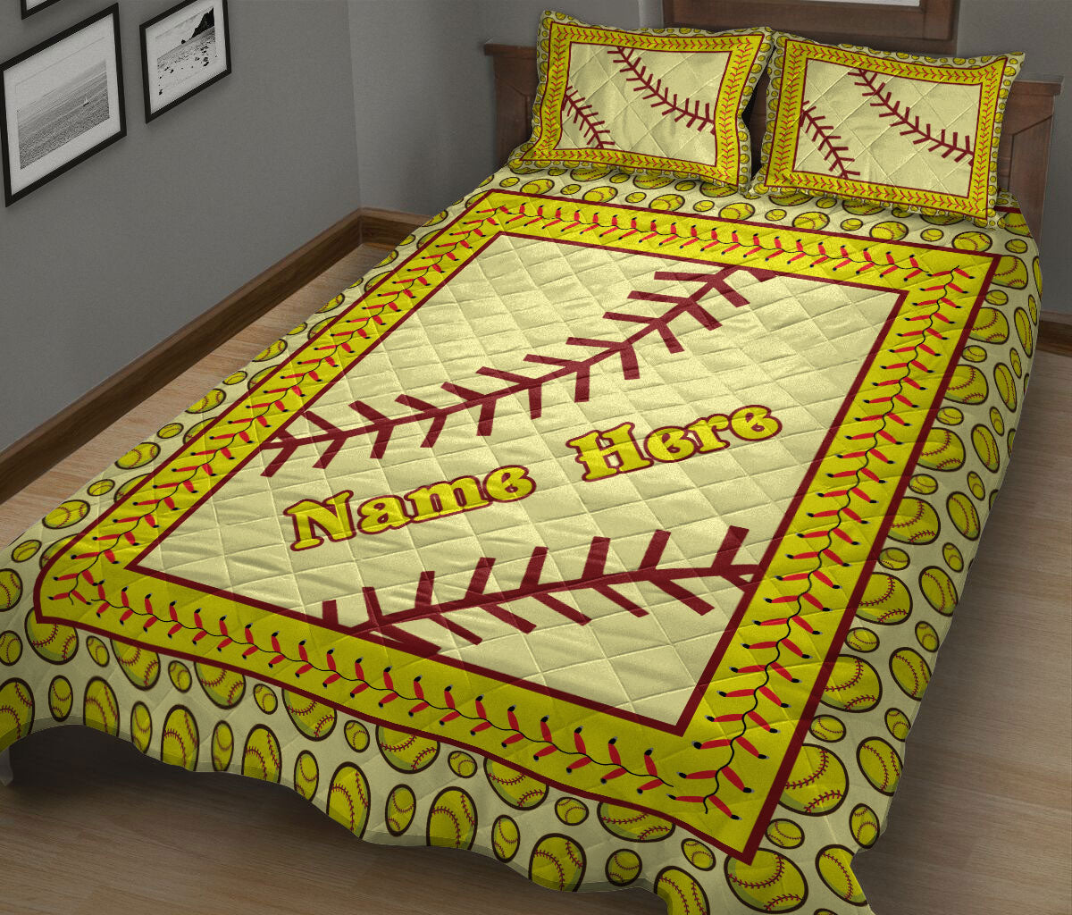 Ohaprints-Quilt-Bed-Set-Pillowcase-Softball-Yellow-Ball-Pattern-Sport-Unique-Gift-Custom-Personalized-Name-Blanket-Bedspread-Bedding-1804-King (90'' x 100'')