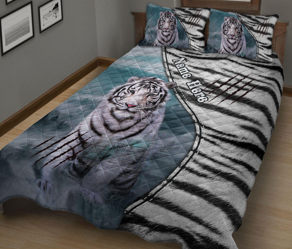 Ohaprints-Quilt-Bed-Set-Pillowcase-White-Tiger-Lover-Tiger-Animal-Lover-Unique-Gift-Custom-Personalized-Name-Blanket-Bedspread-Bedding-1669-King (90'' x 100'')