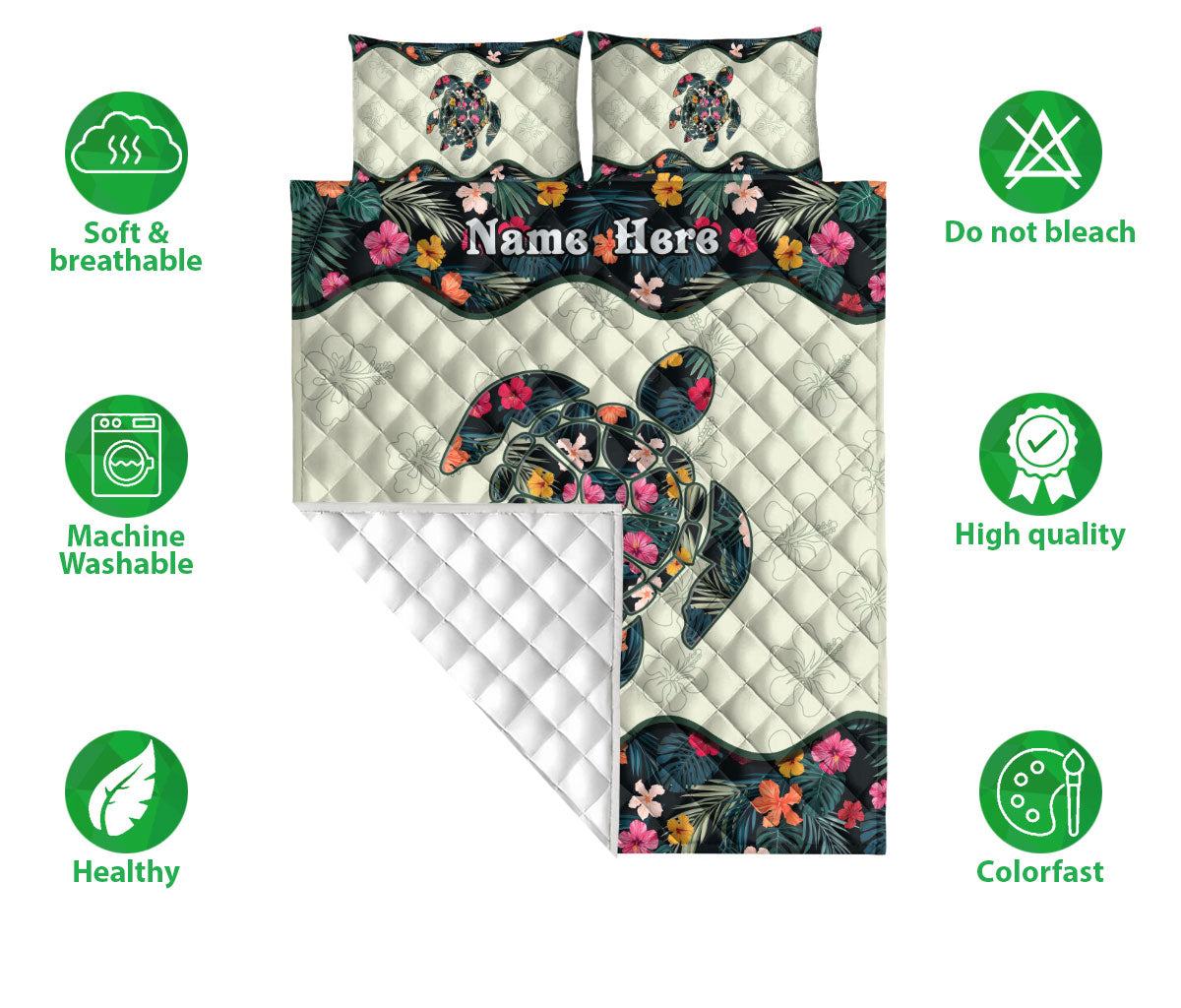 Ohaprints-Quilt-Bed-Set-Pillowcase-Turtles-Turtle-Floral-Pattern-Tropical-Flower-Gift-Custom-Personalized-Name-Blanket-Bedspread-Bedding-2401-Double (70'' x 80'')