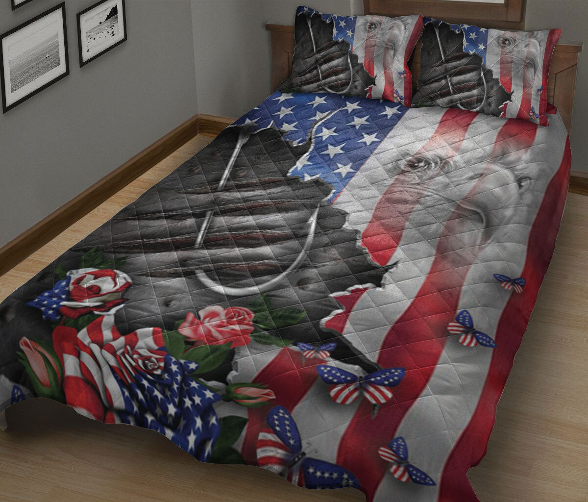 Ohaprints-Quilt-Bed-Set-Pillowcase-Fishing-Fisherman-Proud-Nation-Patriotic-American-Us-Flag-4-Of-July-Floral-Blanket-Bedspread-Bedding-2516-King (90'' x 100'')