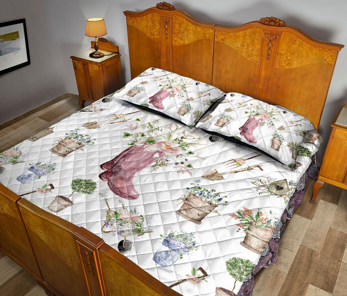 Ohaprints-Quilt-Bed-Set-Pillowcase-Love-Gardening-Pink-Boots-Unique-Gift-For-Gardening-Lover-Floral-Pattern-Blanket-Bedspread-Bedding-759-Queen (80'' x 90'')