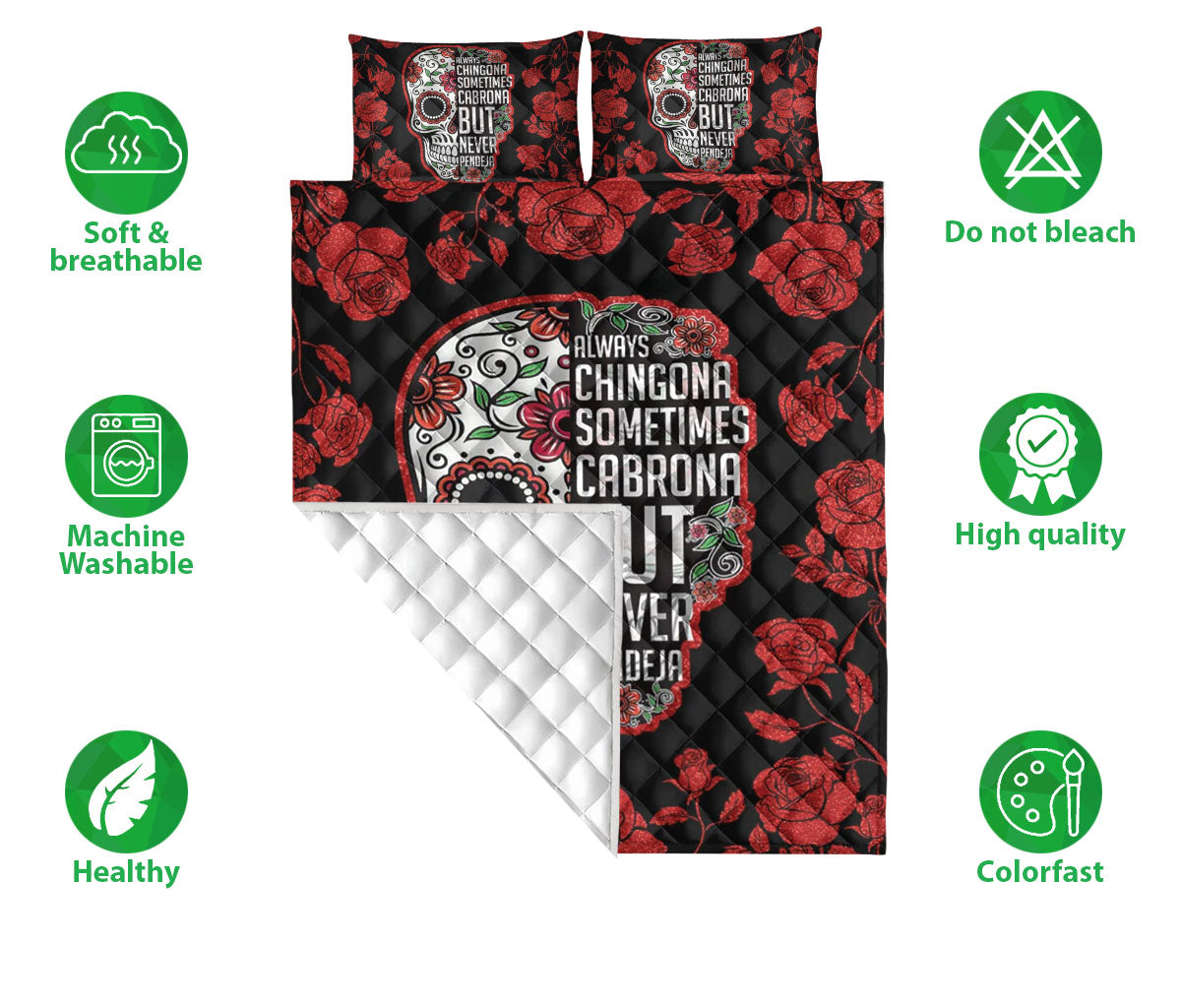 Ohaprints-Quilt-Bed-Set-Pillowcase-Always-Chingona-Latina-Women-Sugar-Skull-Red-Rose-Floral-Pattern-Blanket-Bedspread-Bedding-1338-Double (70'' x 80'')