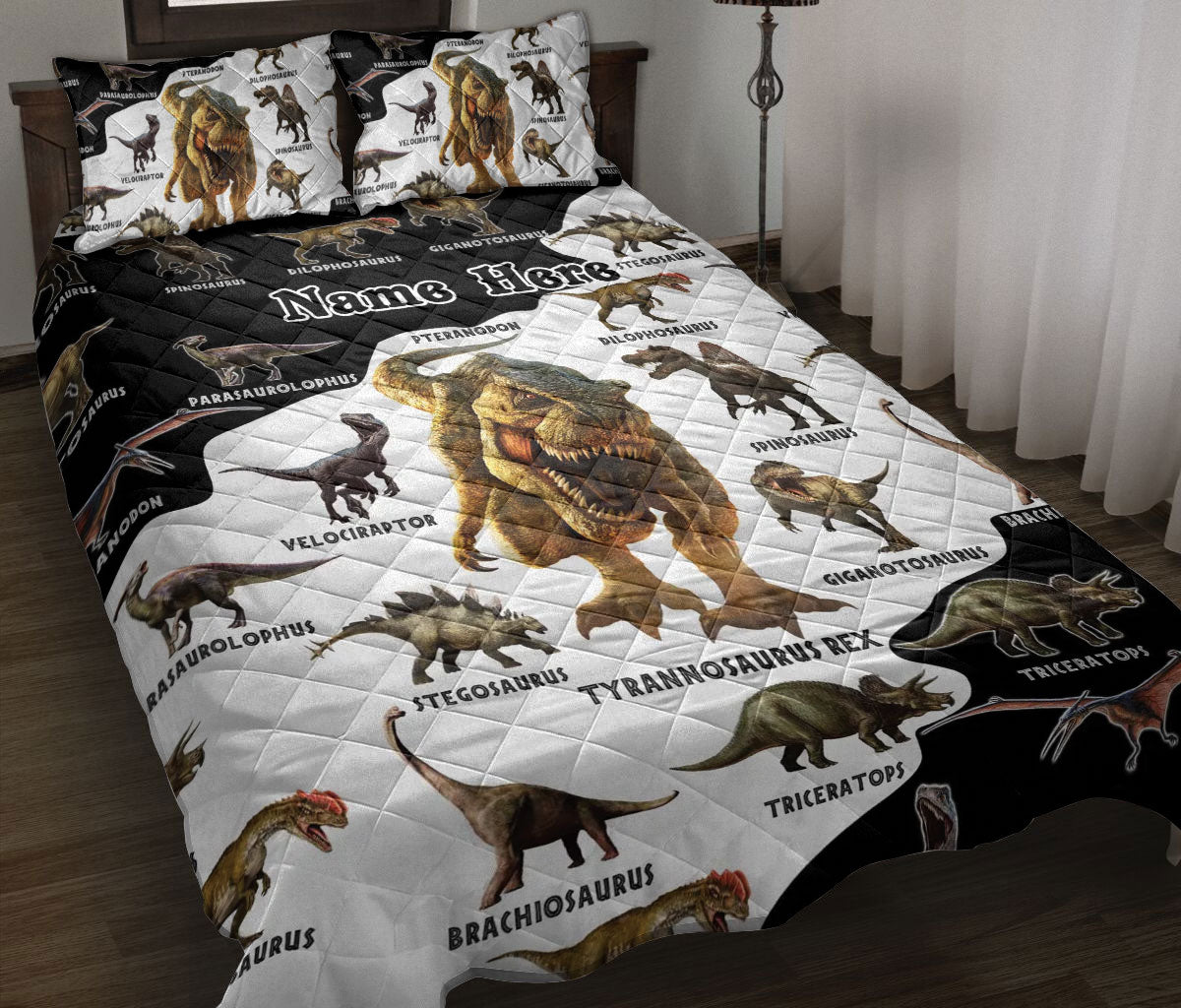 Ohaprints-Quilt-Bed-Set-Pillowcase-Dinosaur-Type-Black-&-White-Gift-For-Dinosaur-Lover-Custom-Personalized-Name-Blanket-Bedspread-Bedding-1307-Throw (55'' x 60'')