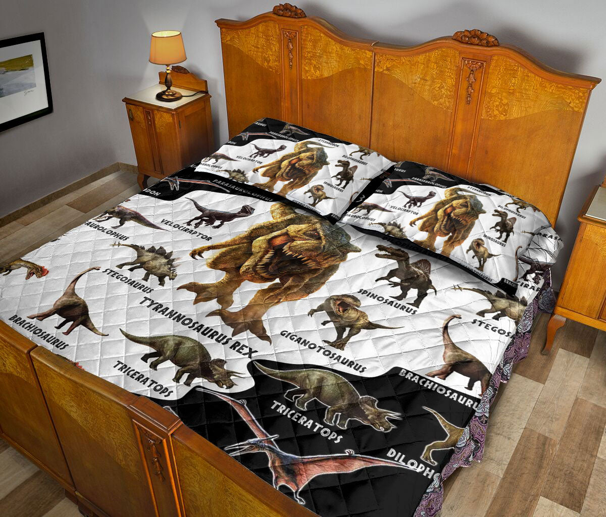 Ohaprints-Quilt-Bed-Set-Pillowcase-Dinosaur-Type-Black-&-White-Gift-For-Dinosaur-Lover-Custom-Personalized-Name-Blanket-Bedspread-Bedding-1307-Queen (80'' x 90'')