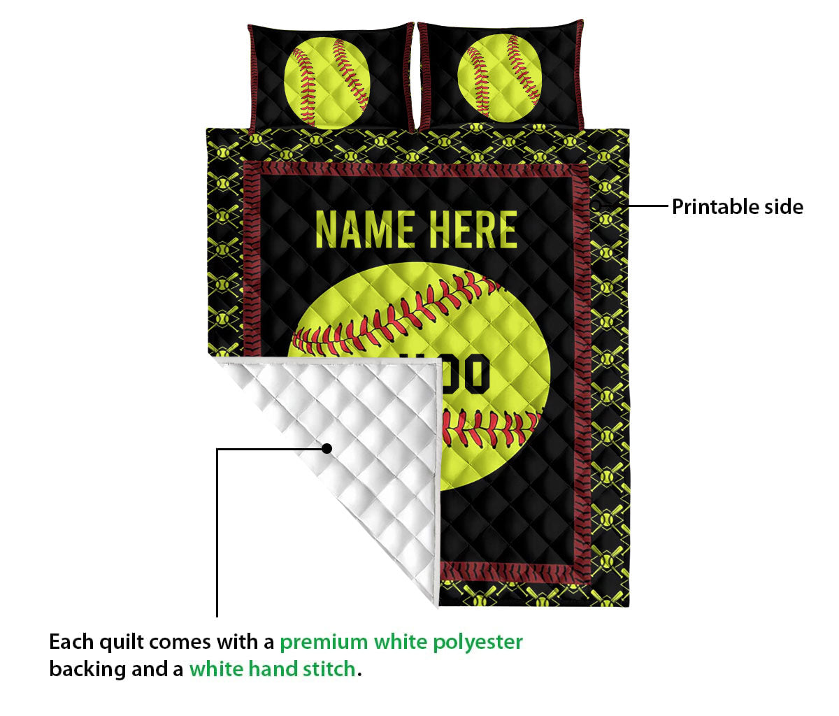 Ohaprints-Quilt-Bed-Set-Pillowcase-Softball-Ball-Pattern-Gift-For-Sport-Lovers-Custom-Personalized-Name-Number-Blanket-Bedspread-Bedding-3070-Queen (80'' x 90'')