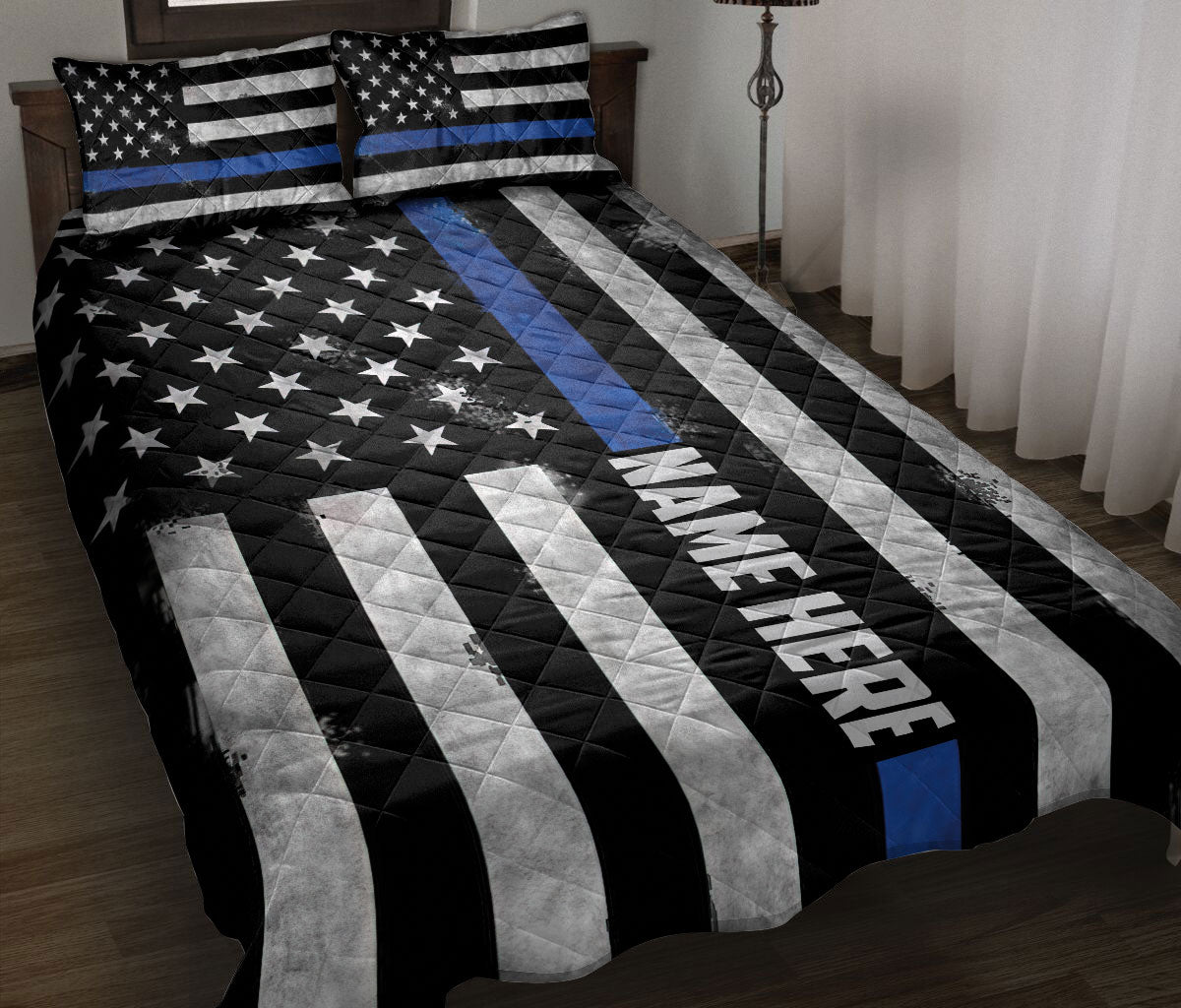 Ohaprints-Quilt-Bed-Set-Pillowcase-Police-Thin-Blue-Line-American-Flag-Back-The-Blue-Custom-Personalized-Name-Blanket-Bedspread-Bedding-708-Throw (55'' x 60'')