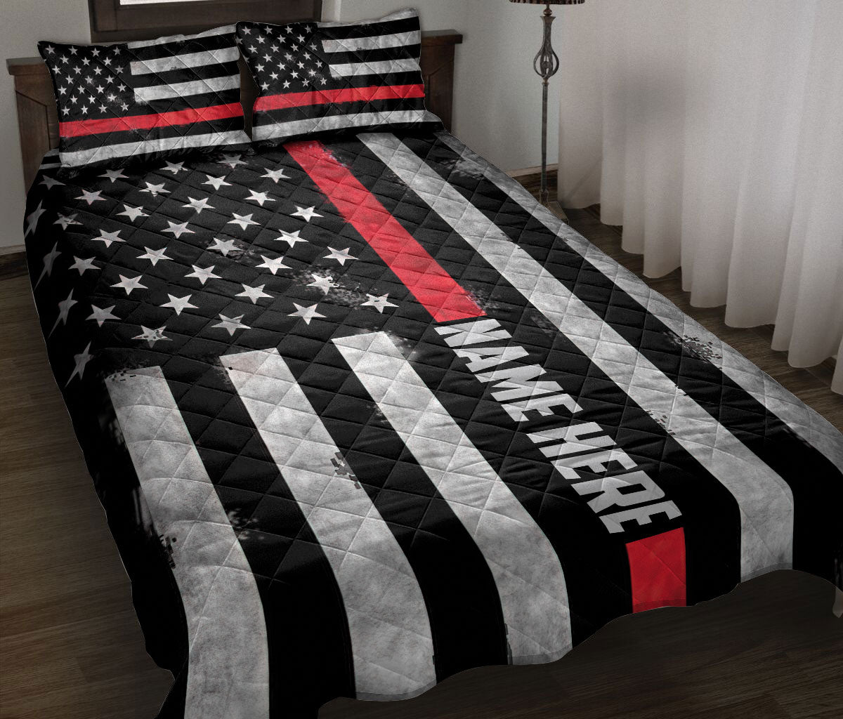 Ohaprints-Quilt-Bed-Set-Pillowcase-Firefighter-Red-Line-American-Flag-Back-The-Red-Custom-Personalized-Name-Blanket-Bedspread-Bedding-1230-Throw (55'' x 60'')