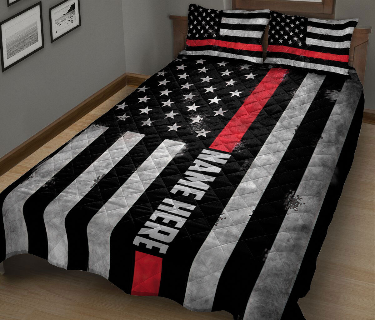 Ohaprints-Quilt-Bed-Set-Pillowcase-Firefighter-Red-Line-American-Flag-Back-The-Red-Custom-Personalized-Name-Blanket-Bedspread-Bedding-1230-King (90'' x 100'')