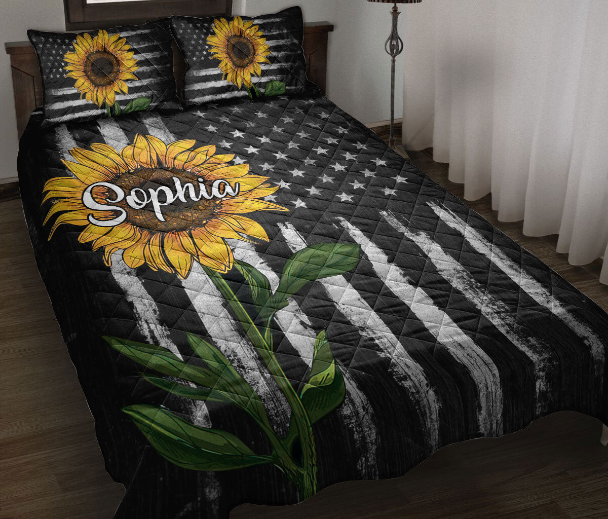 Ohaprints-Quilt-Bed-Set-Pillowcase-Sunflower-Floral-American-Flag-Pattern-Custom-Personalized-Name-Blanket-Bedspread-Bedding-2504-Throw (55'' x 60'')