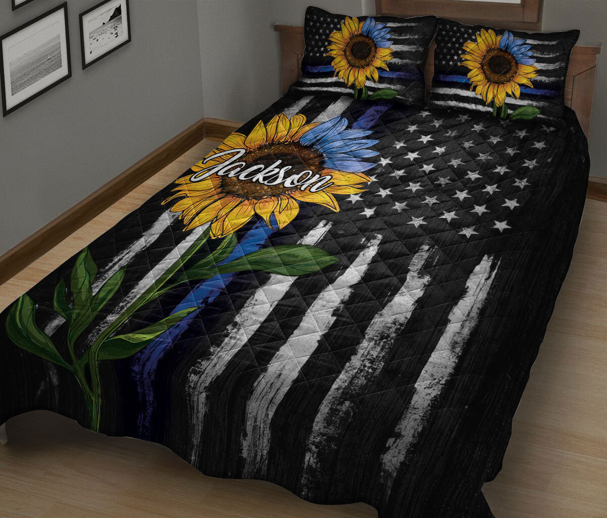 Ohaprints-Quilt-Bed-Set-Pillowcase-Police-Sunflower-American-Flag-Pattern-Custom-Personalized-Name-Blanket-Bedspread-Bedding-1938-King (90'' x 100'')