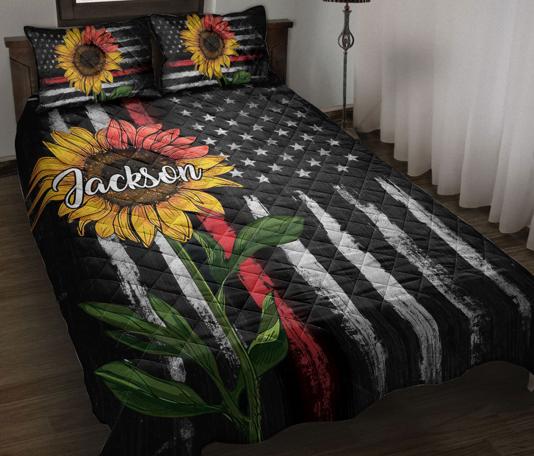 Ohaprints-Quilt-Bed-Set-Pillowcase-Firefighter-Sunflower-American-Flag-Custom-Personalized-Name-Blanket-Bedspread-Bedding-2529-Throw (55'' x 60'')