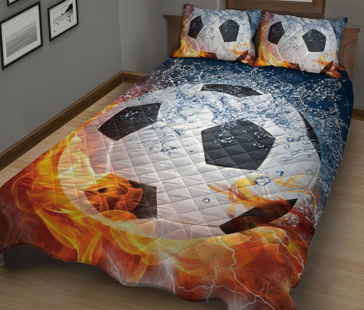 Ohaprints-Quilt-Bed-Set-Pillowcase-Soccer-Ball-Fire-&-Water-Unique-Gift-For-Soccer-Sports-Lover-Red-&-Blue-Blanket-Bedspread-Bedding-847-King (90'' x 100'')