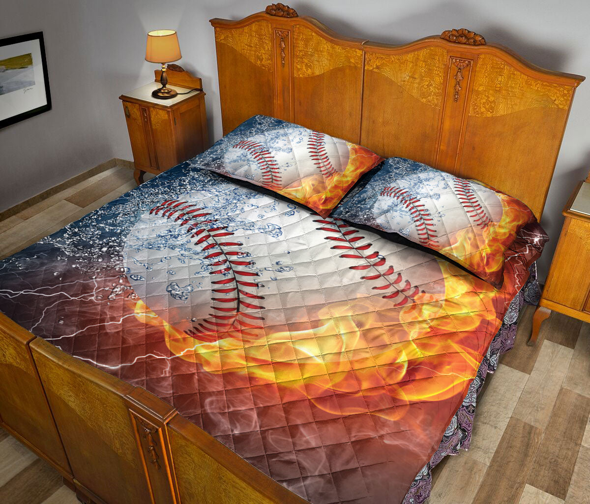Ohaprints-Quilt-Bed-Set-Pillowcase-Baseball-Ball-Fire-&-Water-Unique-Gift-For-Sports-Lover-Men-Women-Kid-Blanket-Bedspread-Bedding-1427-Queen (80'' x 90'')