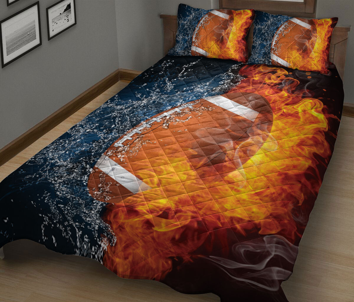 Ohaprints-Quilt-Bed-Set-Pillowcase-American-Football-Ball-Fire-&-Water-Unique-Gift-For-Sports-Lover-Red-&-Blue-Blanket-Bedspread-Bedding-2607-King (90'' x 100'')