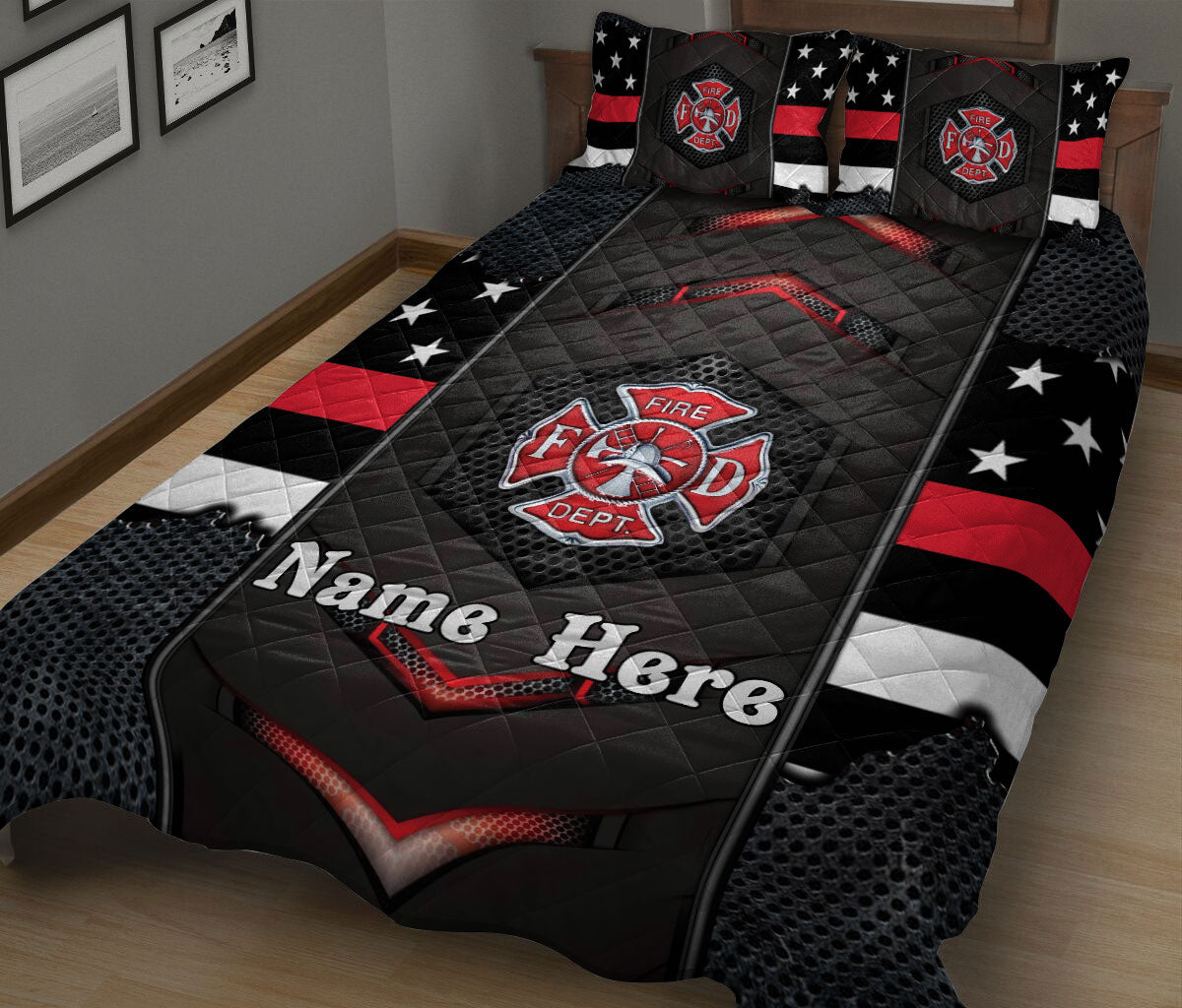 Ohaprints-Quilt-Bed-Set-Pillowcase-Firefighter-Thin-Red-Line-Back-The-Red-Carbon-Pattern-Custom-Personalized-Name-Blanket-Bedspread-Bedding-3046-King (90'' x 100'')