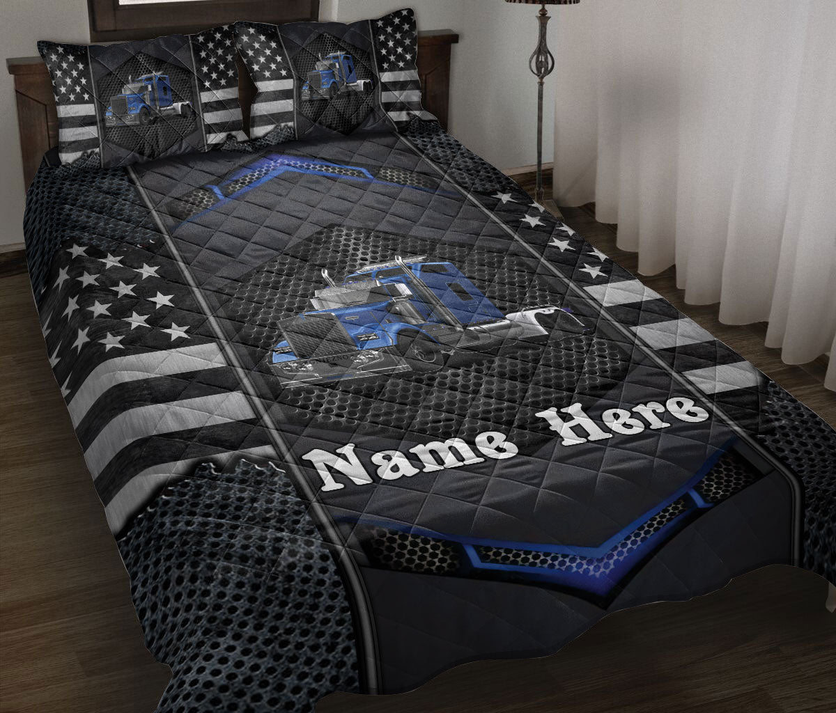 Ohaprints-Quilt-Bed-Set-Pillowcase-Blue-Truck-Carbon-Pattern-Gift-For-Truck-Driver-Custom-Personalized-Name-Blanket-Bedspread-Bedding-1186-Throw (55'' x 60'')