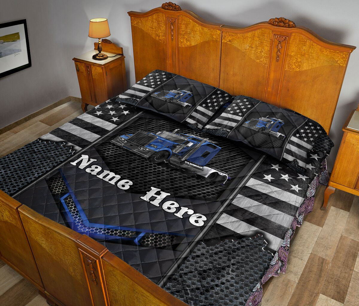 Ohaprints-Quilt-Bed-Set-Pillowcase-Blue-Truck-Carbon-Pattern-Gift-For-Truck-Driver-Custom-Personalized-Name-Blanket-Bedspread-Bedding-1186-Queen (80'' x 90'')