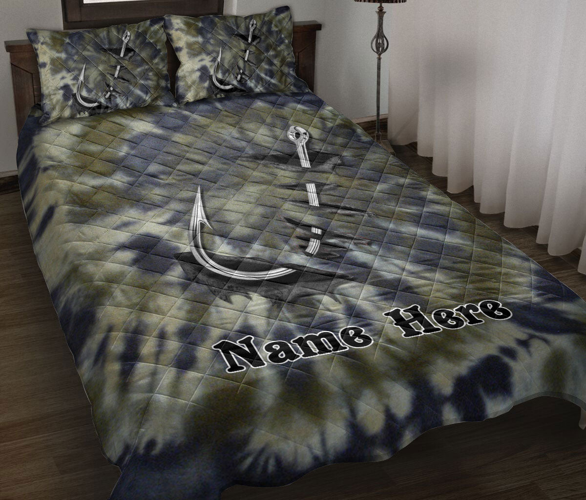 Ohaprints-Quilt-Bed-Set-Pillowcase-Fishing-Hook-Fisherman-Dark-Green-Tie-Dye-Pattern-Custom-Personalized-Name-Blanket-Bedspread-Bedding-599-Throw (55'' x 60'')