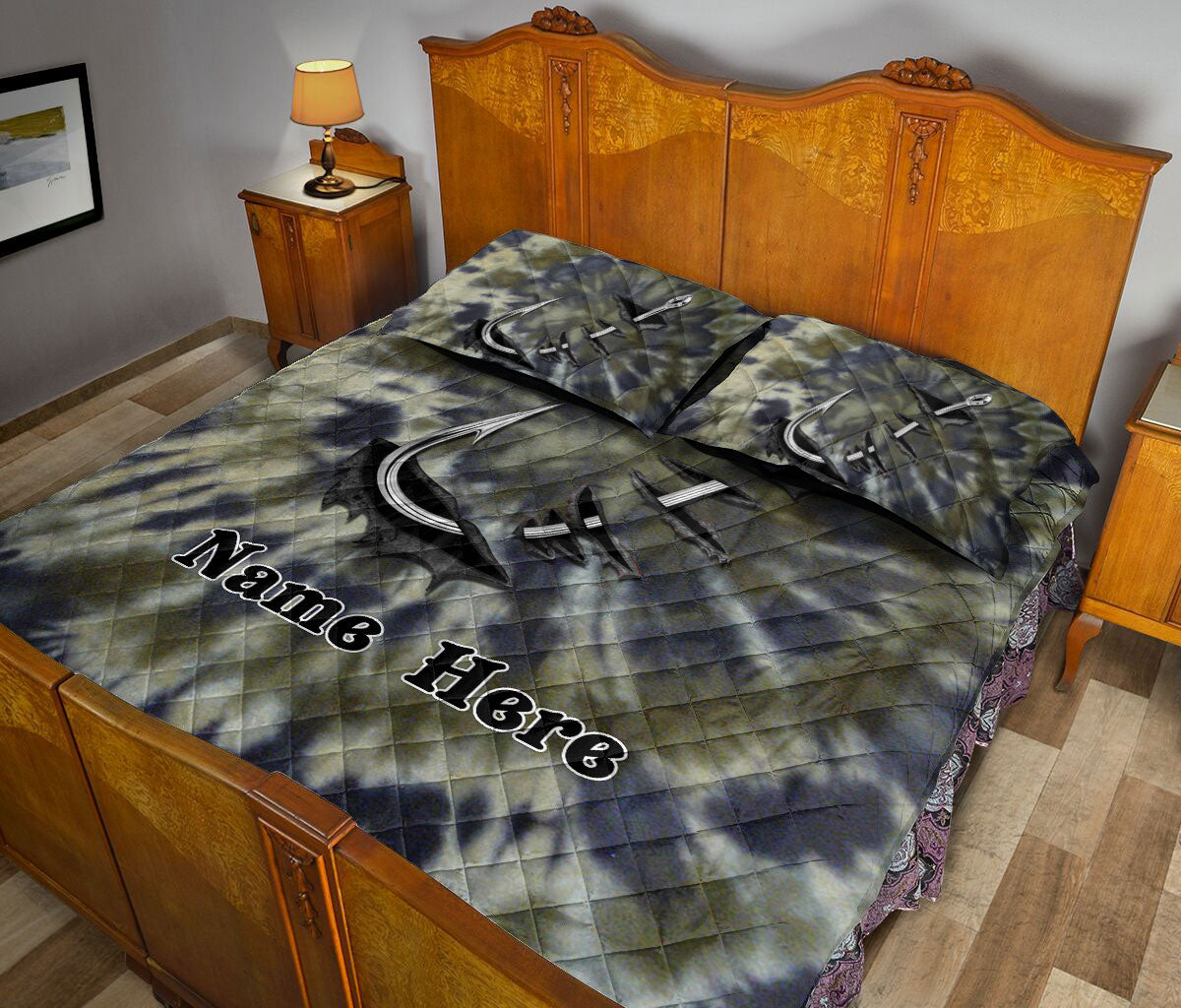 Ohaprints-Quilt-Bed-Set-Pillowcase-Fishing-Hook-Fisherman-Dark-Green-Tie-Dye-Pattern-Custom-Personalized-Name-Blanket-Bedspread-Bedding-599-Queen (80'' x 90'')