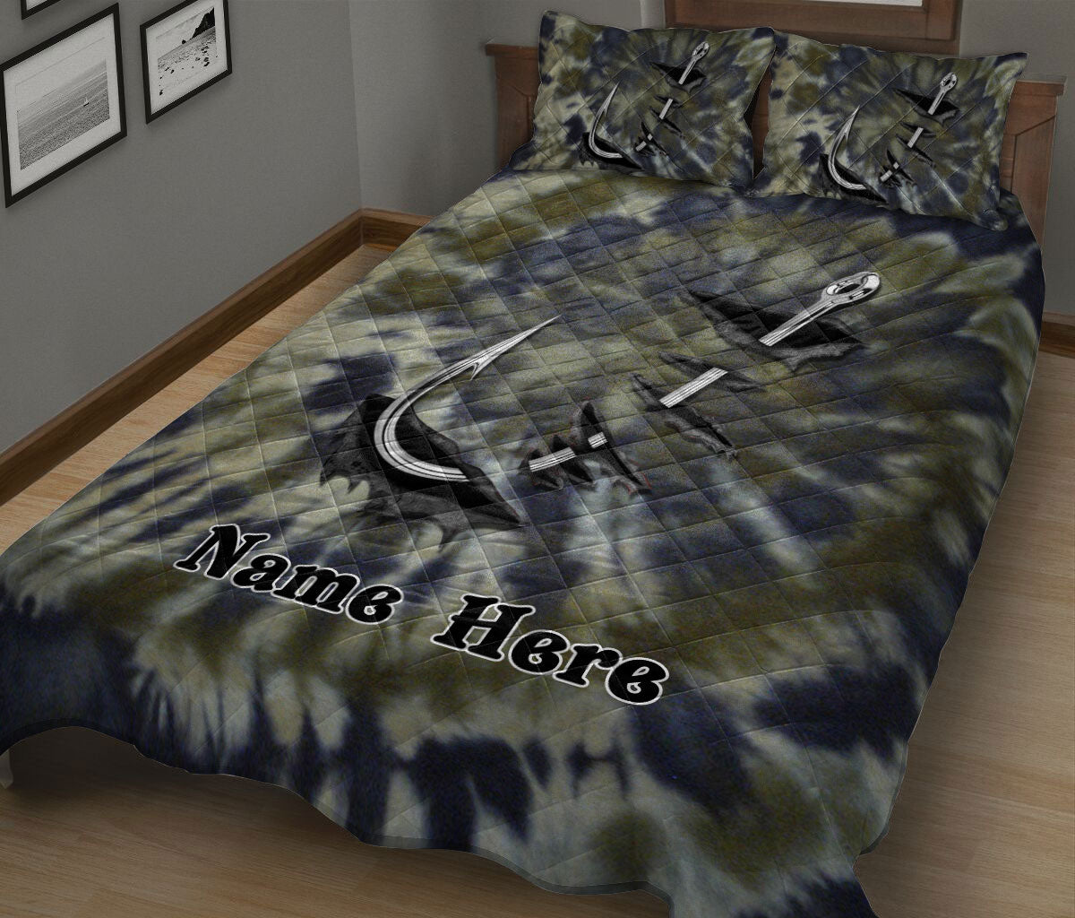 Ohaprints-Quilt-Bed-Set-Pillowcase-Fishing-Hook-Fisherman-Dark-Green-Tie-Dye-Pattern-Custom-Personalized-Name-Blanket-Bedspread-Bedding-599-King (90'' x 100'')