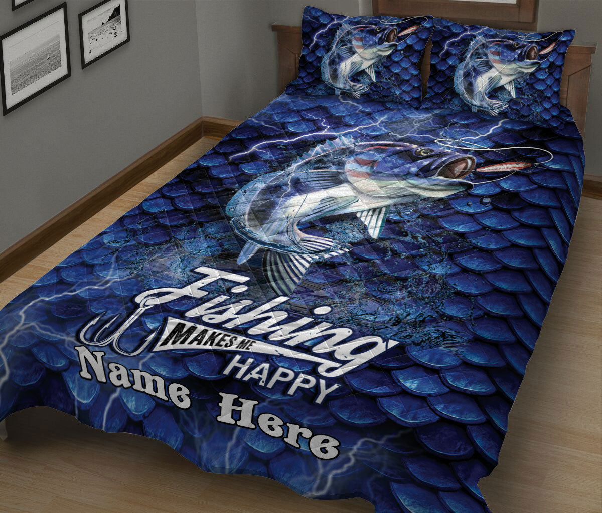 Ohaprints-Quilt-Bed-Set-Pillowcase-Fishing-Make-Me-Happy-Blue-Fish-Scales-Pattern-Custom-Personalized-Name-Blanket-Bedspread-Bedding-850-King (90'' x 100'')