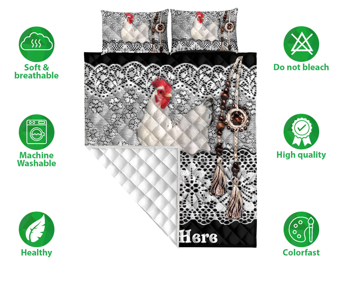 Ohaprints-Quilt-Bed-Set-Pillowcase-Chicken-Farm-Animal-Black-&-White-Amigurumi-Pattern-Custom-Personalized-Name-Blanket-Bedspread-Bedding-1906-Double (70'' x 80'')