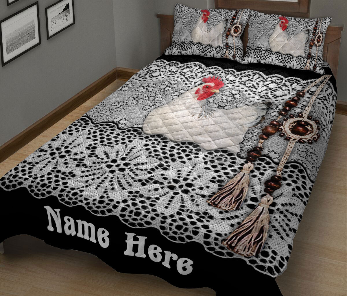 Ohaprints-Quilt-Bed-Set-Pillowcase-Chicken-Farm-Animal-Black-&-White-Amigurumi-Pattern-Custom-Personalized-Name-Blanket-Bedspread-Bedding-1906-King (90'' x 100'')