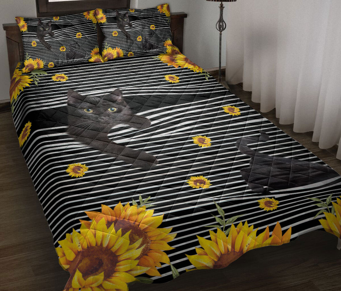 Ohaprints-Quilt-Bed-Set-Pillowcase-Funny-Black-Cat-Cats-Animal-Sunflower-Floral-B&W-Stripe-Pattern-Blanket-Bedspread-Bedding-190-Throw (55'' x 60'')