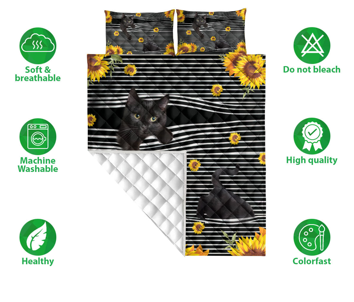 Ohaprints-Quilt-Bed-Set-Pillowcase-Funny-Black-Cat-Cats-Animal-Sunflower-Floral-B&W-Stripe-Pattern-Blanket-Bedspread-Bedding-190-Double (70'' x 80'')