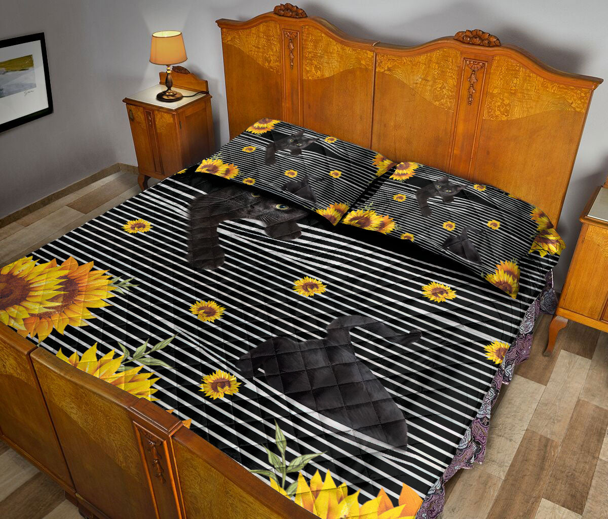 Ohaprints-Quilt-Bed-Set-Pillowcase-Funny-Black-Cat-Cats-Animal-Sunflower-Floral-B&W-Stripe-Pattern-Blanket-Bedspread-Bedding-190-Queen (80'' x 90'')
