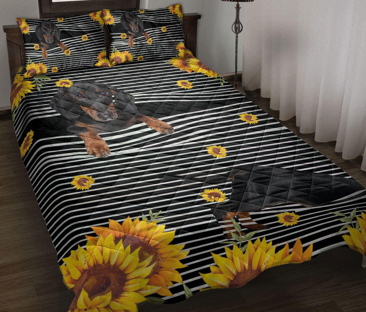 Ohaprints-Quilt-Bed-Set-Pillowcase-Dachshund-Weiner-Doxie-Dog-Sunflower-Floral-B&W-Stripe-Pattern-Blanket-Bedspread-Bedding-1665-Throw (55'' x 60'')